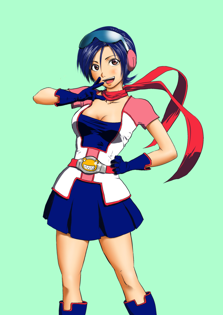 1girl, blue_gloves, blue_hair, boots, breasts, brown_eyes, gloves, green_background