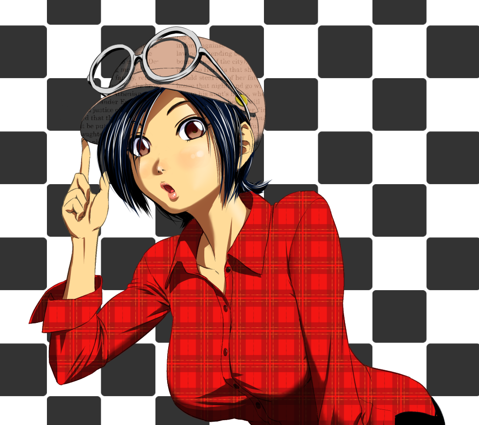 1girl, black_hair, breasts, brown_hair, cabbie_hat, checkered, checkered_background, glasses