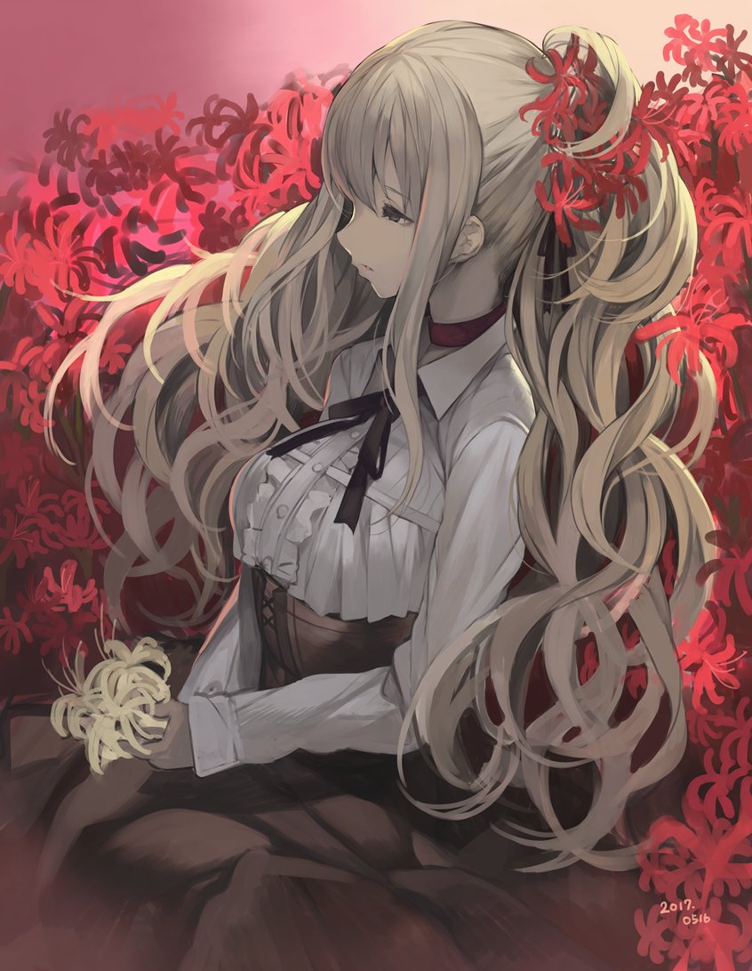1girl, black_skirt, blonde_hair, choker, dated, floral_background, flower, frilled_shirt