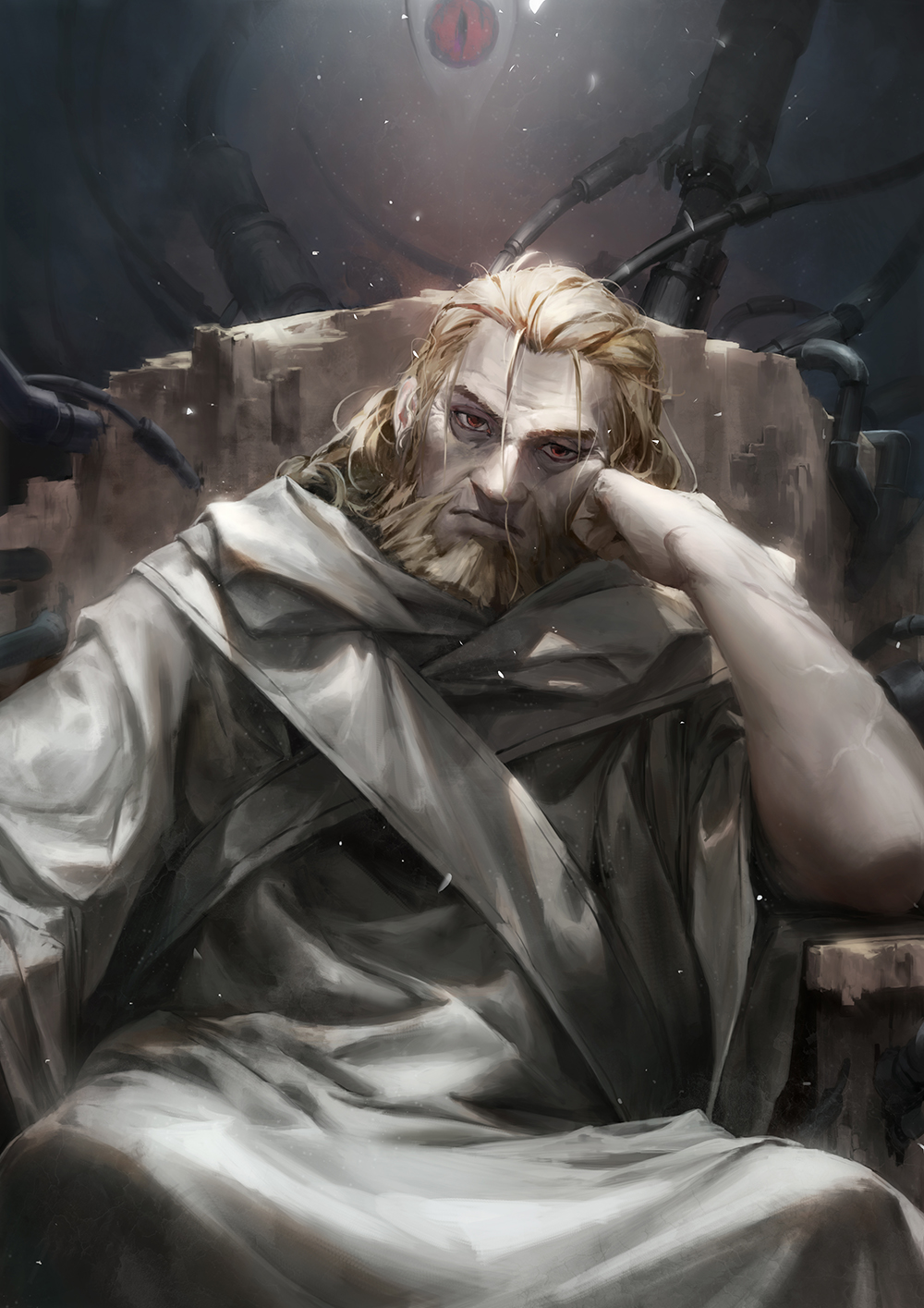 1boy, baraba_baba, beard, blonde_hair, facial_hair, father_(fma), fullmetal_alchemist, head_on_hand