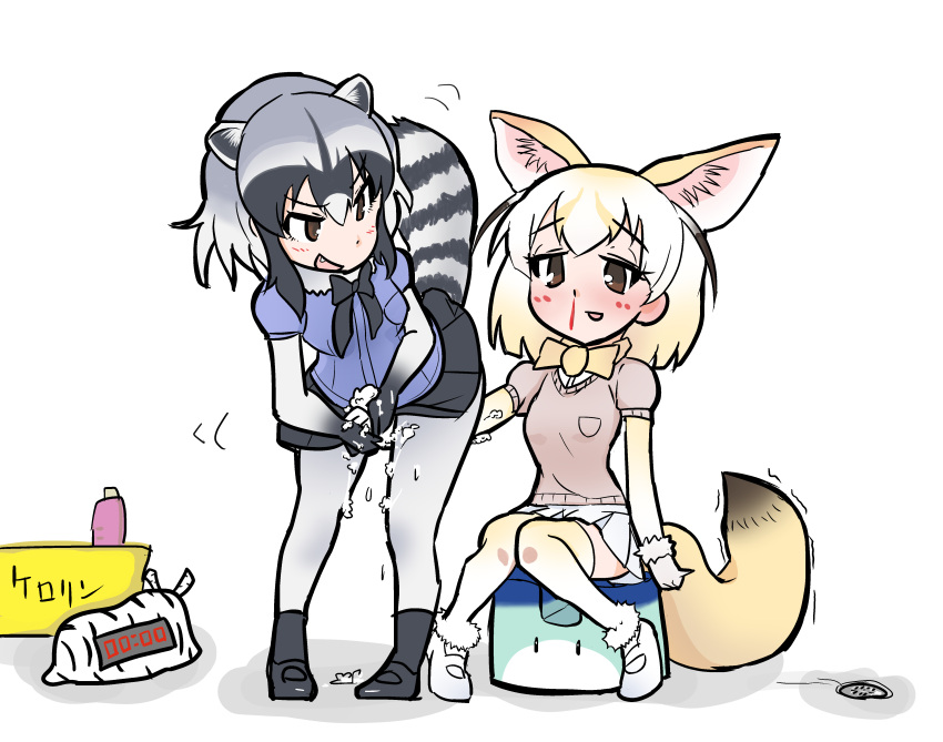2girls, absurdres, animal_ears, animal_print, between_thighs, black_hair, blonde_hair, blood