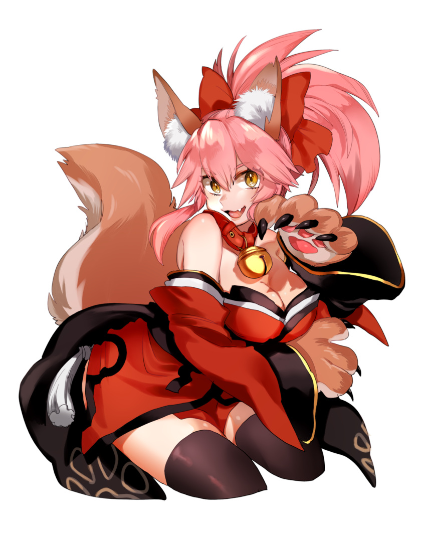 1girl, animal_ears, bell, bell_collar, breasts, cleavage, collar, fang, fate/grand_order, fate_(series), fox_ears, fox_tail, hair_ribbon, highres, large_breasts, long_hair, looking_at_viewer, moov_(mb_52), open_mouth, paws, pink_hair, ribbon, simple_background, solo, tail, tamamo_(fate)_(all), tamamo_cat_(fate), white_background, yellow_eyes