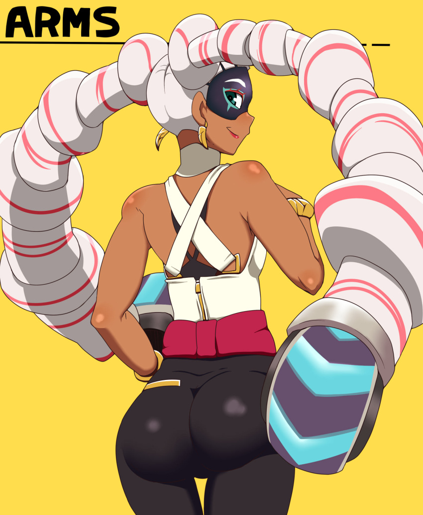 1girl, aqua_eyes, arms_(game), ass, bare_arms, bare_shoulders, black_pants, boxing_gloves, bracelet, chilla_(arms), closed_mouth, colored_eyelashes, copyright_name, cowboy_shot, dark_skin, domino_mask, drill_hair, earrings, eyelashes, facing_away, from_behind, highres, jewelry, lips, lipstick, long_hair, looking_away, looking_back, looking_to_the_side, makeup, mantan, mask, multicolored_hair, pants, prehensile_hair, red_lipstick, redhead, shiny, shiny_clothes, shiny_skin, shirt, sideways_mouth, simple_background, smile, solo, standing, streaked_hair, text, thigh_gap, tight, tight_pants, turtleneck, twintails, twintelle_(arms), very_long_hair, white_hair, white_shirt, yellow_background, yoga_pants