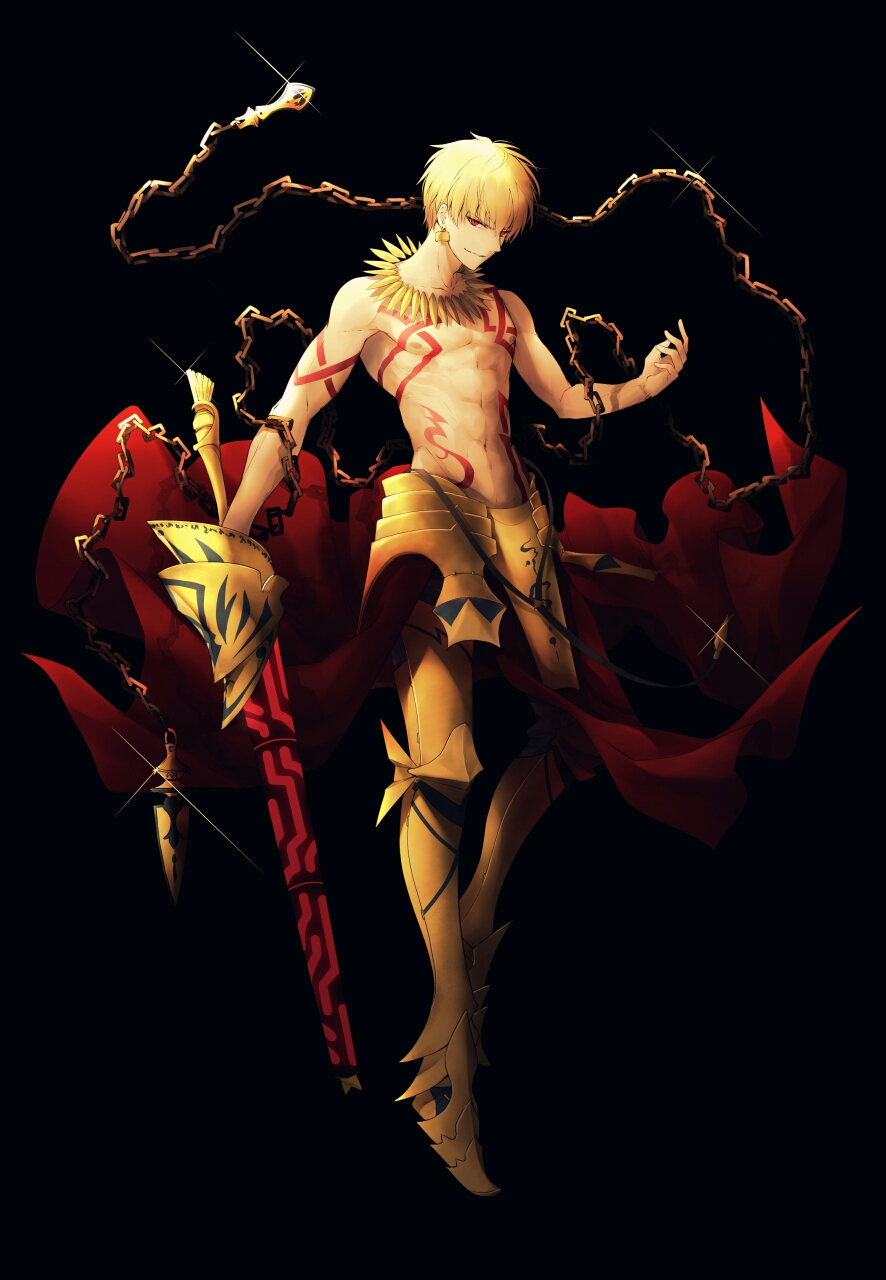 1boy, armor, armored_boots, black_background, blonde_hair, boots, chains, ea_(fate/stay_night)