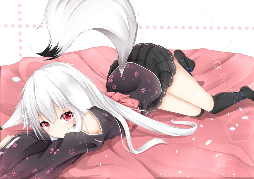animal_ears, black_legwear, black_shirt, black_skirt, blush, eye_beam, fox_ears, fox_tail, girl, hair_between_eyes, highres, horomasa, lens_flare, long_hair, looking_at_viewer, lying, miniskirt, obi, on_stomach, original, petals, pleated_skirt, red_eyes, sash, shirt, silver_hair, skirt, solo, tail, thigh-highs, very_long_hair, white_background