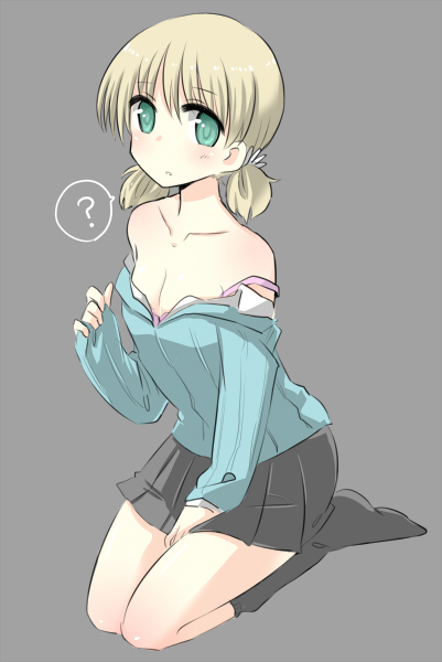 1girl, ?, aki_(girls_und_panzer), bangs, blue_shirt, full_body, girls_und_panzer, green_eyes