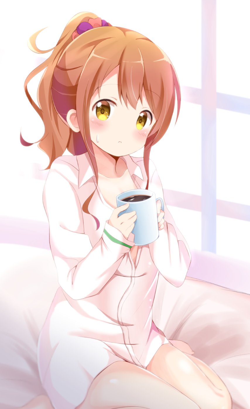 1girl, :o, bangs, bed_sheet, blush, breasts, brown_hair, coffee