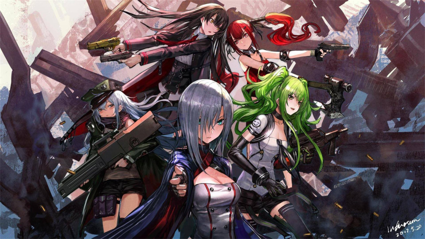 aiming_at_viewer, artist_name, assault_rifle, black_hair, blue_eyes, breasts, brown_eyes, bullpup