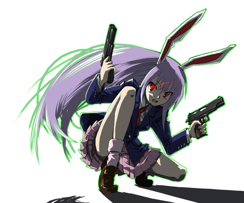 bunny_ears, gengorou, glowing, glowing_eye, glowing_eyes, gun, handgun, kneeling