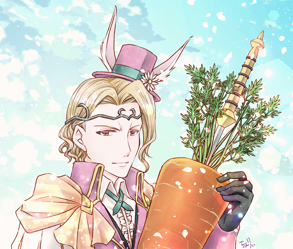 1boy, alternate_costume, animal_ears, artist_name, blonde_hair, capelet, carrot, cheryi, circlet, clouds, day, fire_emblem, fire_emblem_heroes, fire_emblem_if, flower, gloves, hat, leaf, male_focus, marks_(fire_emblem_if), portrait, rabbit_ears, red_eyes, sky, solo