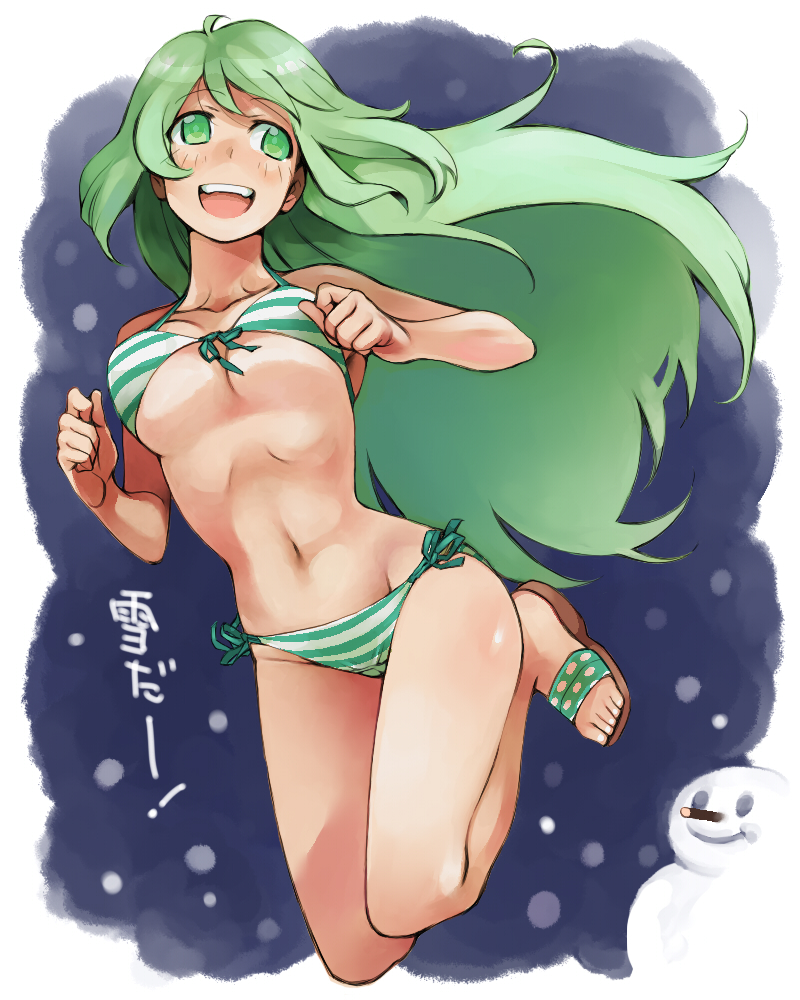 bikini, breasts, cleavage, green_eyes, green_hair, heisa, long_hair, original, sandals, snow, snowman, swimsuit, tan, tanline, translated, under_boob, underboob