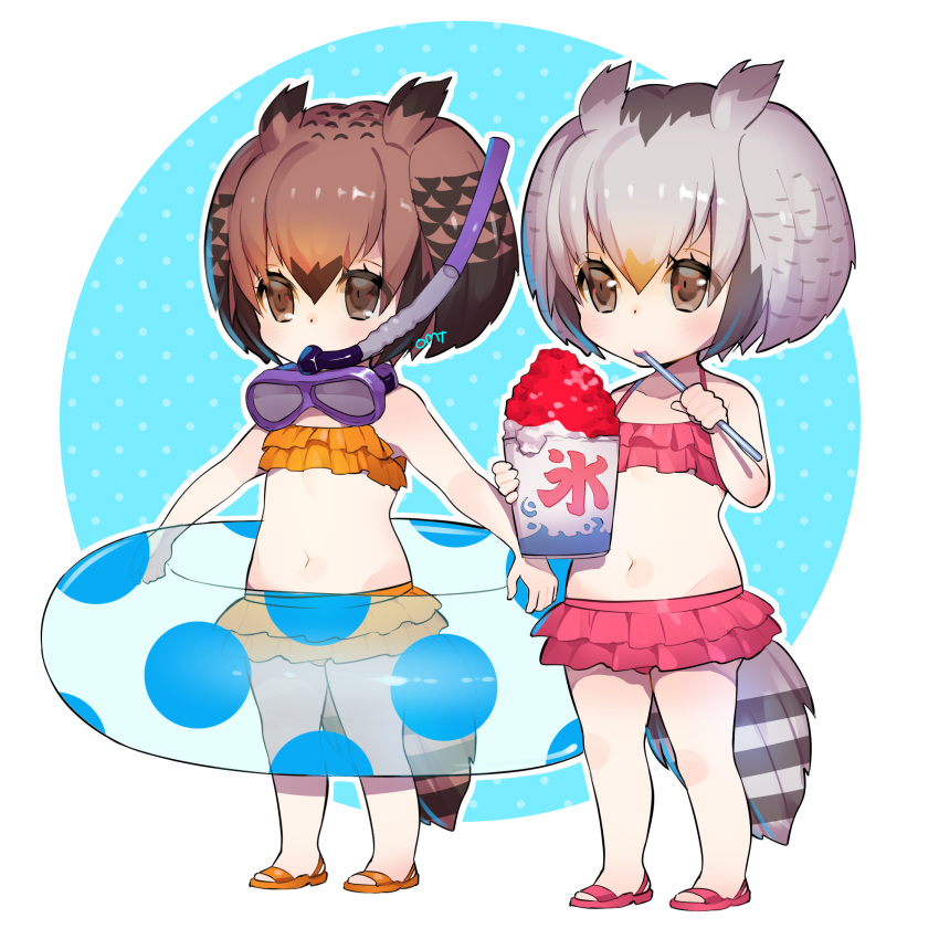 2girls, alternate_costume, alternate_footwear, aqua_background, artist_name, bikini, blonde_hair, blush