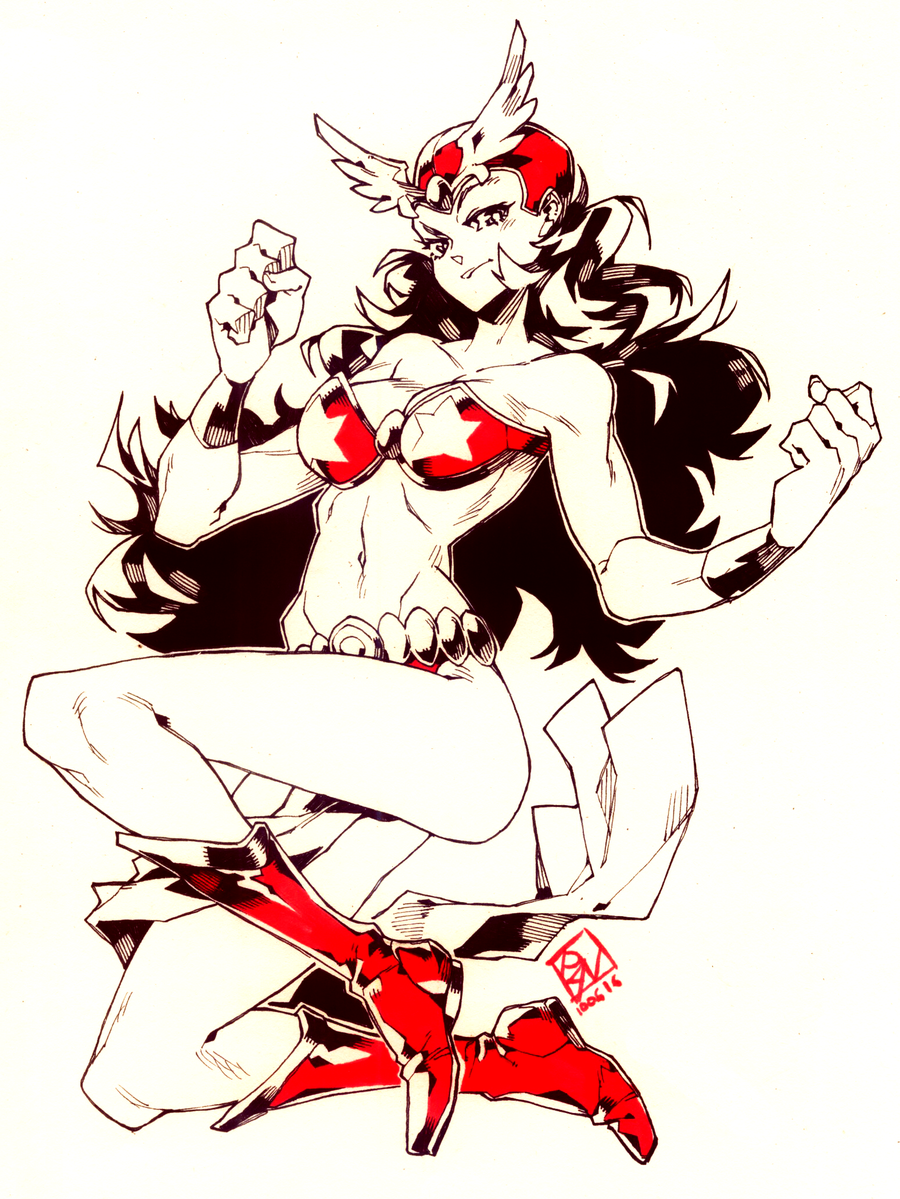1girl, belt, bikini, black_hair, boots, bracelet, breasts, clenched_hands, commentary, darna, darna_(character), helmet, jewelry, loincloth, long_hair, medium_breasts, midriff, navel, one_knee, poch4n, solo, spot_color, star, strapless, strapless_bikini, superhero, swimsuit, wavy_hair