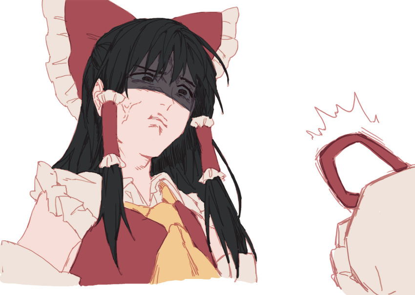 2girls, anger_vein, angry, ascot, bangs, black_hair, body_offscreen, bow