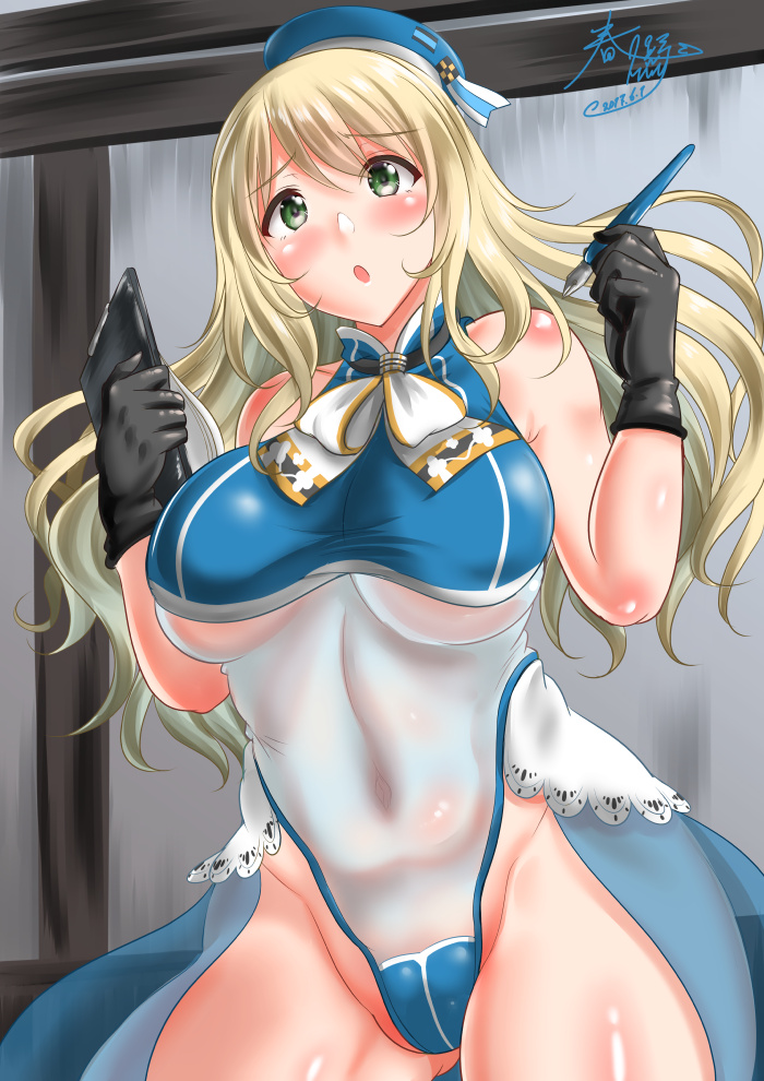 1girl, adapted_costume, atago_(kantai_collection), bad_anatomy, bare_shoulders, beret, black_gloves, blonde_hair
