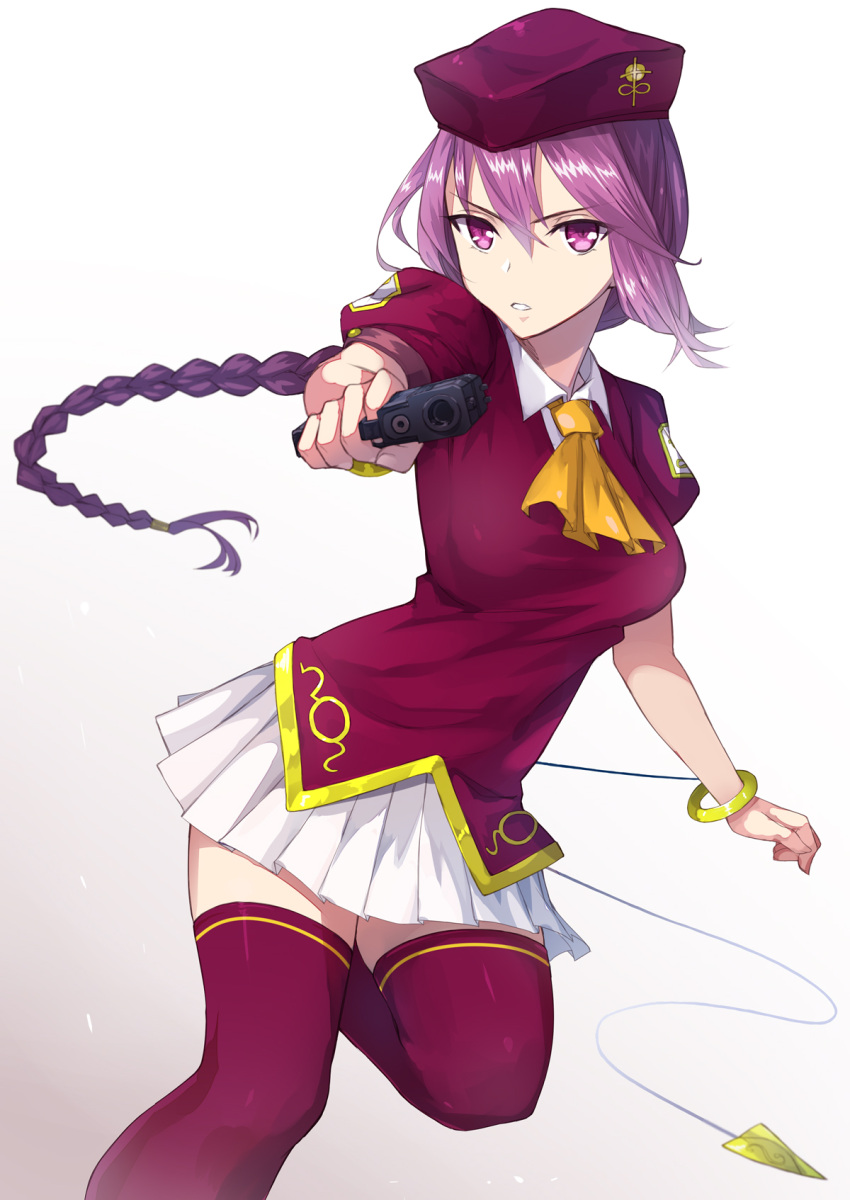 1girl, apo_(apos2721), bangs, bracelet, braid, gun, hat, highres, jewelry, long_hair, looking_at_viewer, melty_blood, puffy_short_sleeves, puffy_sleeves, purple_hair, short_sleeves, single_braid, sion_eltnam_atlasia, skirt, solo, thigh-highs, tsukihime, type-moon, very_long_hair, violet_eyes, weapon, white_skirt, zettai_ryouiki