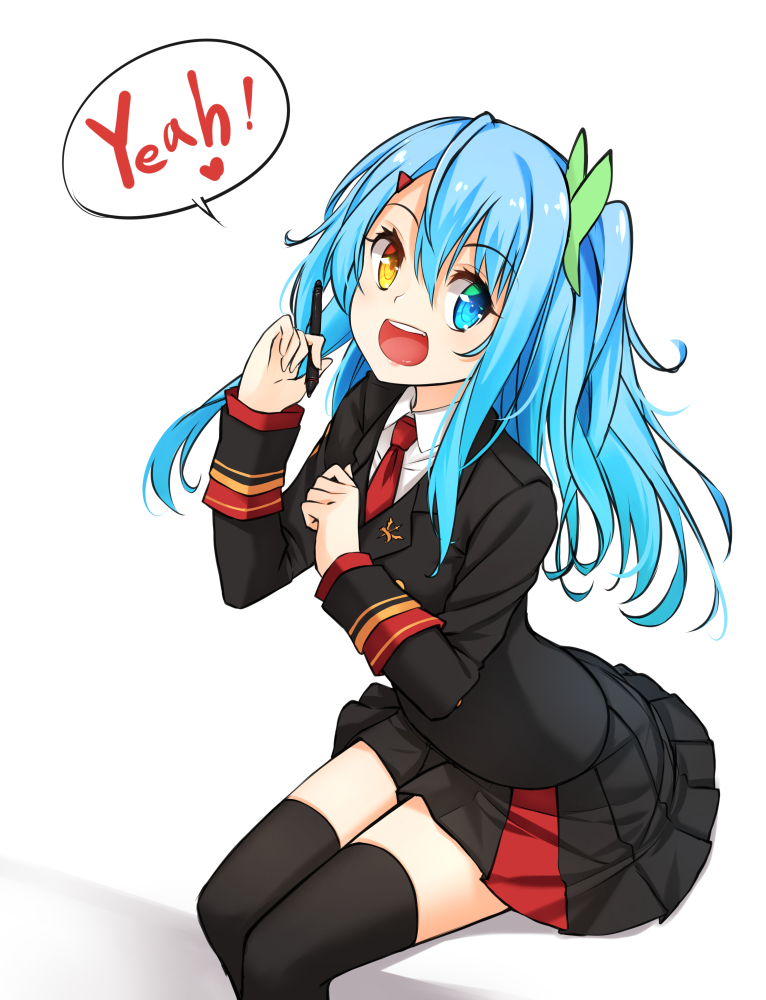 1girl, :d, black_legwear, black_skirt, blue_eyes, blue_hair, commentary, english