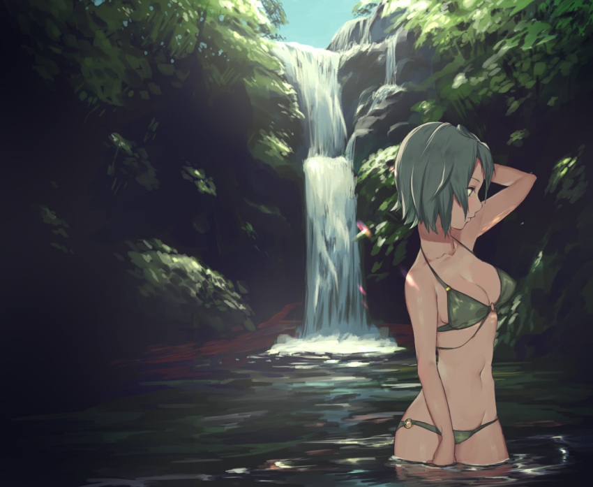 1girl, bikini, breasts, cleavage, green_bikini, green_eyes, green_hair, looking_to_the_side