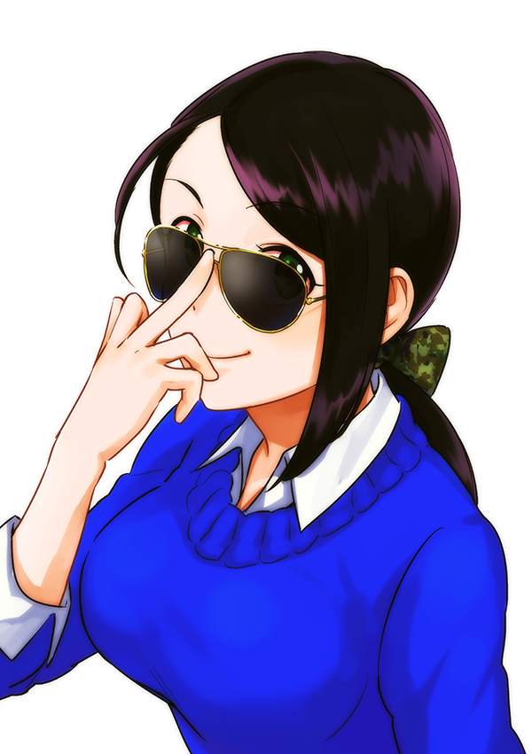 1girl, adjusting_sunglasses, black_hair, blue_sweater, bow, breasts, commentary_request, dress_shirt
