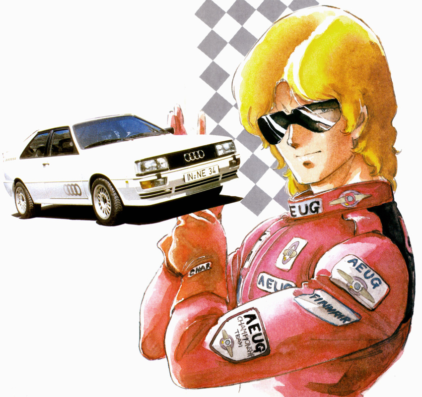 1boy, audi, car, gloves, ground_vehicle, gundam, highres, looking_at_viewer