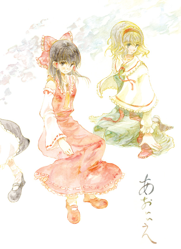 bad_id, fujita_yuuya, hakurei_reimu, kirisame_marisa, touhou, traditional_media, watercolor, watercolor_(medium)