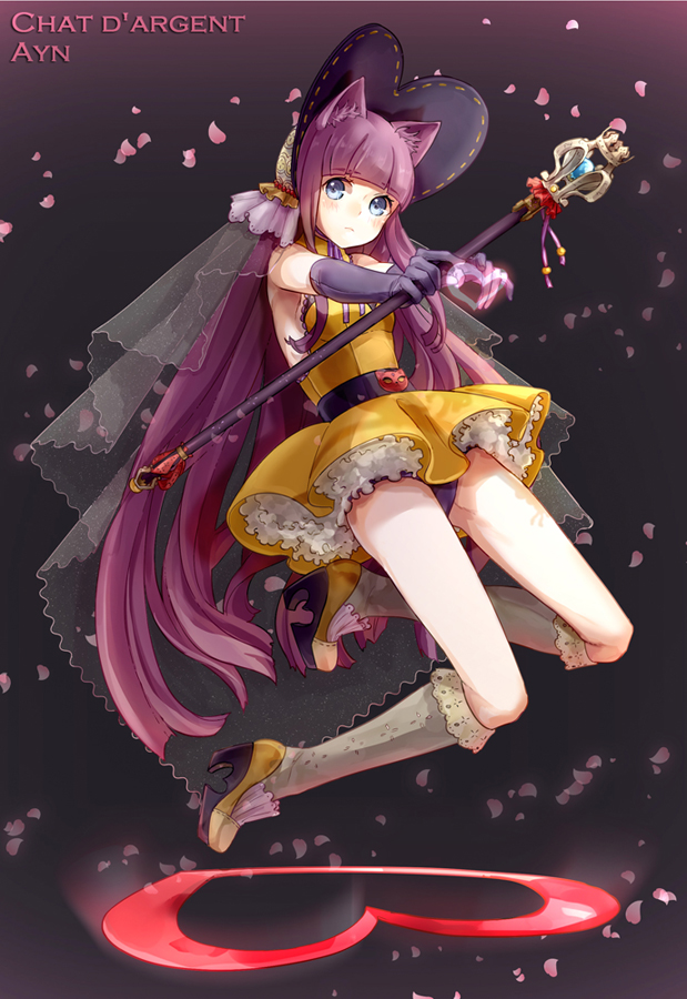 1girl, animal_ears, ayn_(unlight), blue_eyes, blush, cat_ears, character_name, cherry_blossoms, dress, elbow_gloves, expressionless, gloves, heart, high_heels, holding, holding_weapon, jewelry, kneehighs, looking_at_viewer, magical_girl, naive_(day), panties, pantyshot, petals, purple_hair, see-through, sleeveless, sleeveless_dress, staff, underwear, unlight, veil, weapon