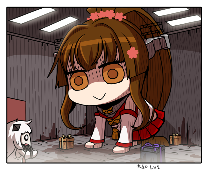2girls, box, brown_eyes, brown_hair, derivative_work, detached_sleeves, dress, fate/grand_order
