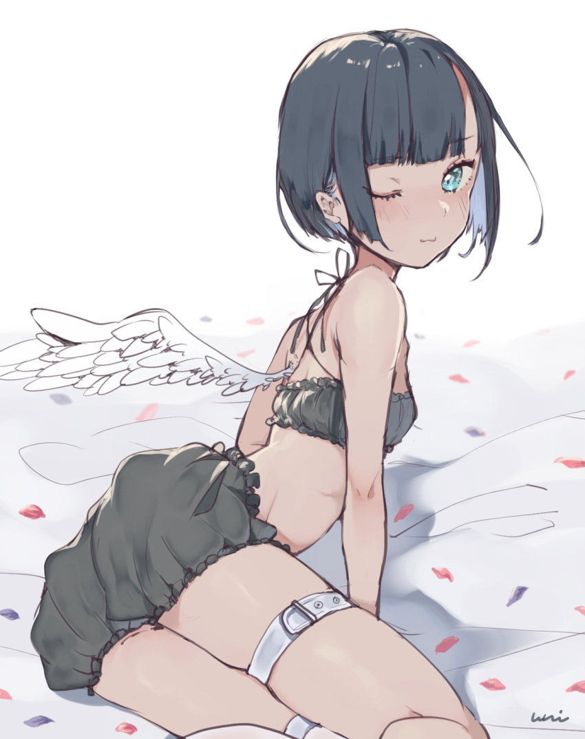 1girl, ;3, arm_support, bangs, black_bloomers, black_bra, black_hair, bloomers