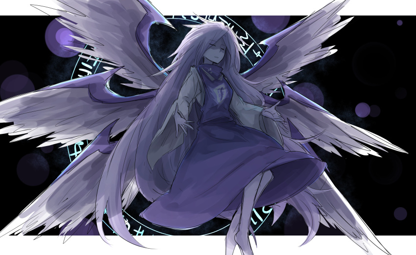 1girl, barefoot, closed_eyes, dress, feathered_wings, grey_hair, highres, kan_(aaaaari35)