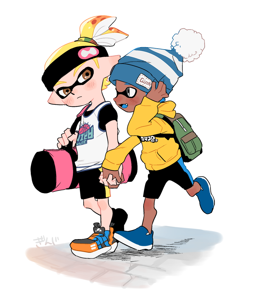 2boys, adjusting_clothes, adjusting_hat, bag, beanie, blonde_hair, blue_hair, blue_tongue