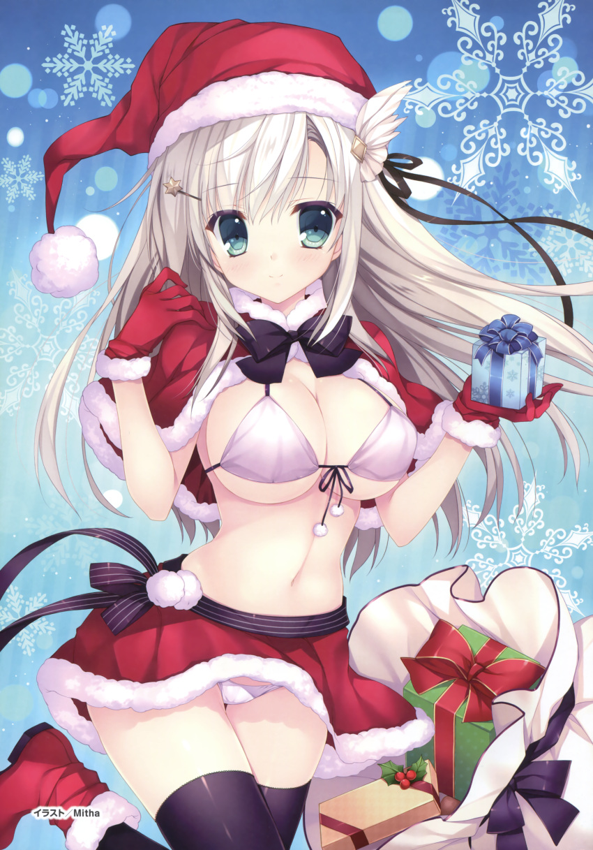 1girl, absurdres, bikini_top, black_legwear, blush, breasts, gift, gift_bag