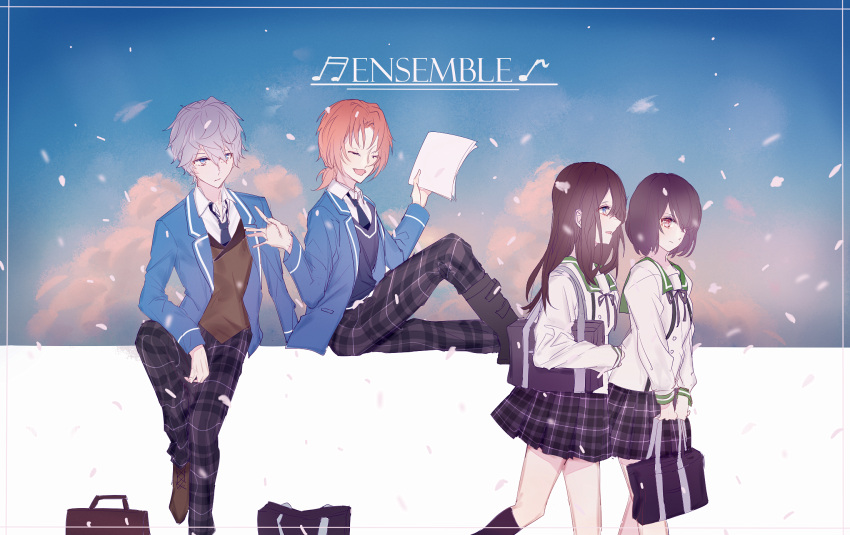 2boys, 2girls, anzu_(ensemble_stars!), black_hair, blazer, brown_hair, ensemble_girls!, ensemble_stars!
