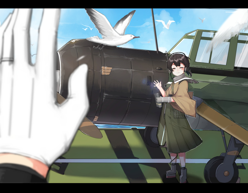 1girl, absurdres, aircraft, airplane, b6n_tenzan, binoculars, bird, boots, brown_eyes, brown_hair, closed_eyes, clouds, day, flight_deck, full_body, gloves, hakama, headphones, highres, holding, japanese_clothes, kantai_collection, kasuga_maru_(kantai_collection), looking_at_viewer, military, military_vehicle, ocean, partly_fingerless_gloves, pov, pov_hands, scarf, ship, short_hair, sky, smile, solo, taiyou_(kantai_collection), warship, watercraft, wulazula, yugake