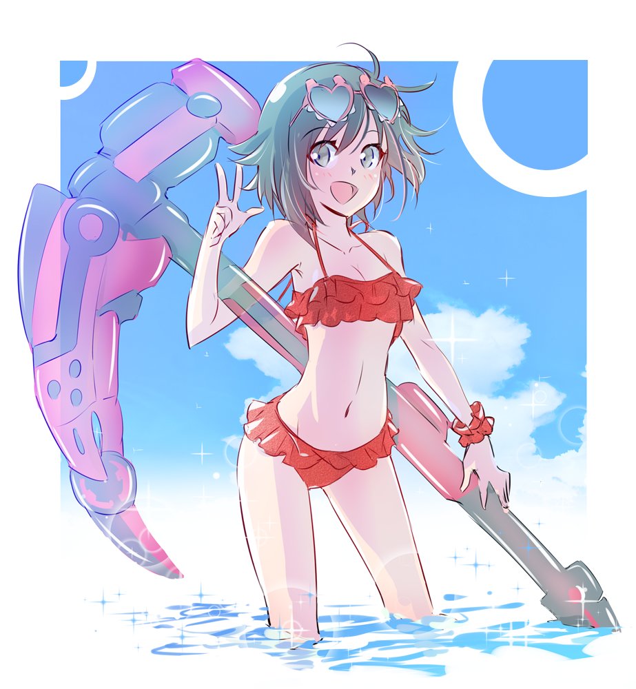 1girl, bikini, black_hair, blue_sky, bracelet, clouds, crescent_rose, floating_object