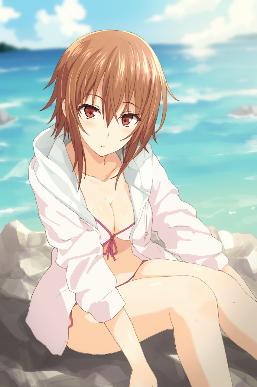 1girl, bikini, blush, breasts, brown_hair, cleavage, grand_blue, hair_between_eyes, highres, jacket, jacket_over_swimsuit, kotegawa_chisa, looking_at_viewer, medium_breasts, nanashi_star, ocean, open_mouth, pink_swimsuit, red_eyes, rock, short_hair, side-tie_bikini, sitting, solo, swimsuit