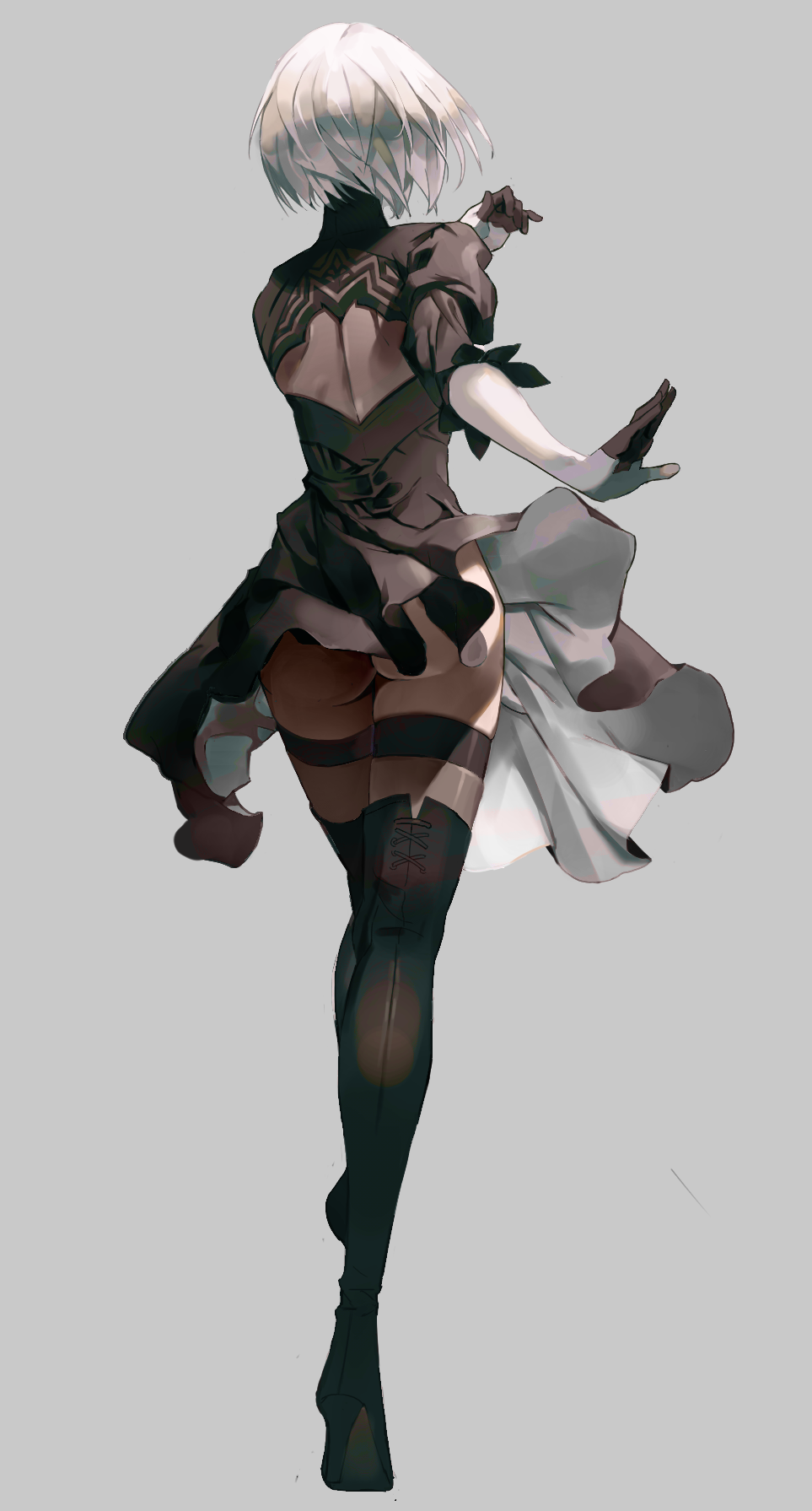 1girl, ass, back, back_cutout, black_boots, black_dress, black_gloves, black_hairband