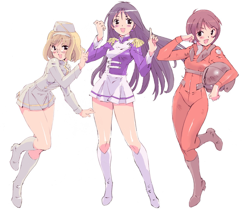 3girls, band_uniform, black_boots, blonde_hair, blue_hair, blush, bodysuit, boots, brown_eyes, brown_hair, earrings, epaulettes, garrison_cap, glasses, hat, helmet, highres, jewelry, knee_boots, long_hair, looking_at_viewer, moriguchi_nao_(naonao), multiple_girls, open_mouth, original, pilot_suit, pleated_skirt, short_hair, simple_background, skirt, smile, white_background, white_boots