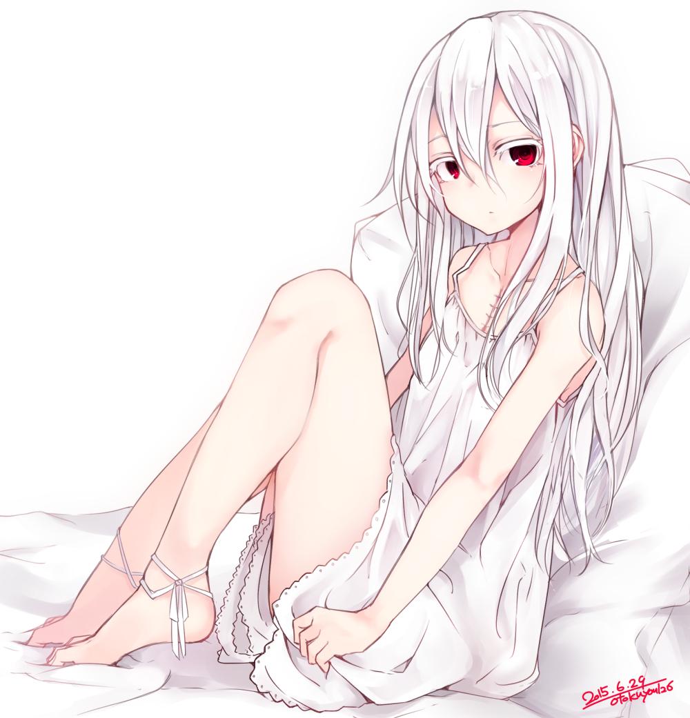 1girl, ankle_ribbon, bare_legs, bare_shoulders, barefoot, colored_eyelashes, dated, dress