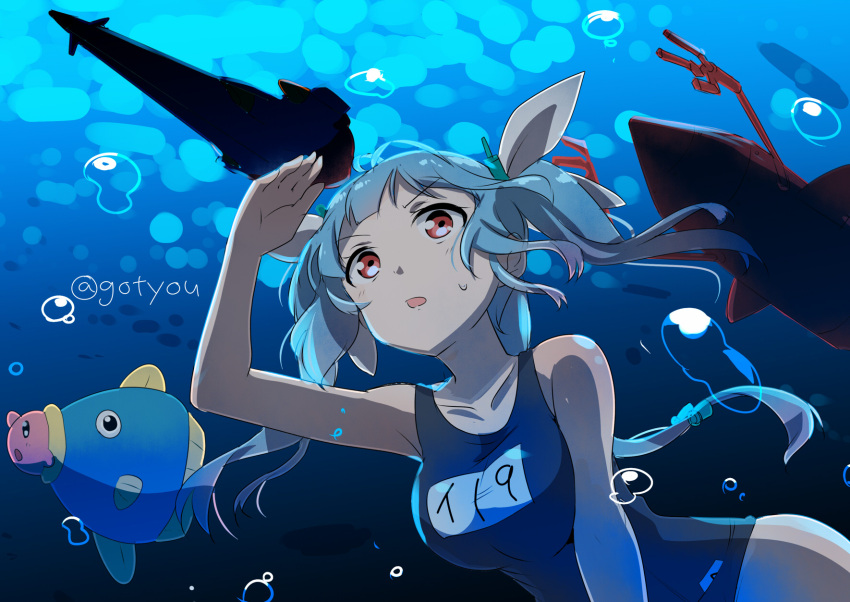 1girl, :o, arm_up, bangs, blue_hair, blue_swimsuit, blush, breasts