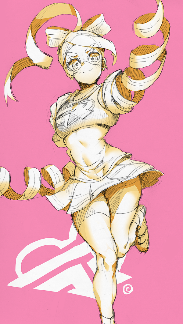 1girl, arm_up, arms_(game), bike_shorts, bow, domino_mask, hair_bow, logo