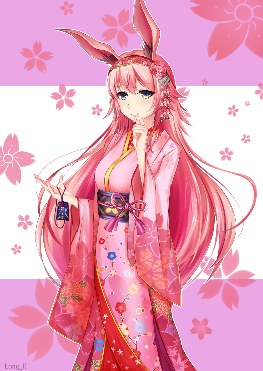 1girl, alternate_costume, animal_ears, benghuai_xueyuan, blue_eyes, breasts, floral_print, flower, full_body, hair_between_eyes, hair_ornament, highres, japanese_clothes, kimono, large_breasts, long_hair, obi, petals, pink_hair, pink_kimono, rabbit_ears, sash, solo, very_long_hair, xiao_long_o, yaezakura_(benghuai_xueyuan), yukata