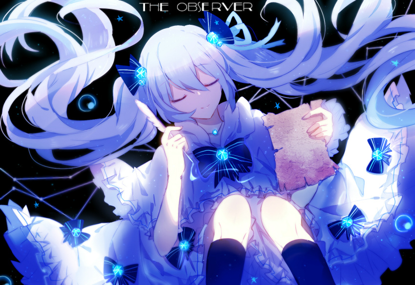 1girl, absurdly_long_hair, black_background, blue_hair, blue_legwear, blue_ribbon, capelet, closed_eyes