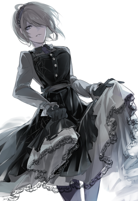 1girl, black_dress, black_gloves, black_legwear, dangan_ronpa, dress, dutch_angle, eyebrows_visible_through_hair
