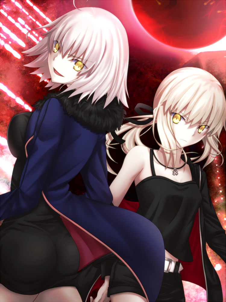 2girls, ahoge, ass, belt, black_dress, black_jacket, black_ribbon, black_shirt, black_shorts, blonde_hair, blue_jacket, breasts, cleavage, collarbone, cowboy_shot, dress, eyebrows_visible_through_hair, fate/grand_order, fate_(series), grin, hair_ribbon, jacket, jeanne_alter, long_hair, looking_at_viewer, looking_back, medium_breasts, multiple_girls, necklce, open_clothes, open_jacket, ribbon, ruler_(fate/apocrypha), saber, saber_alter, shinobu1132, shirt, short_dress, short_hair, short_shorts, shorts, silver_hair, sleeveless, sleeveless_shirt, small_breasts, smile, standing, yellow_eyes