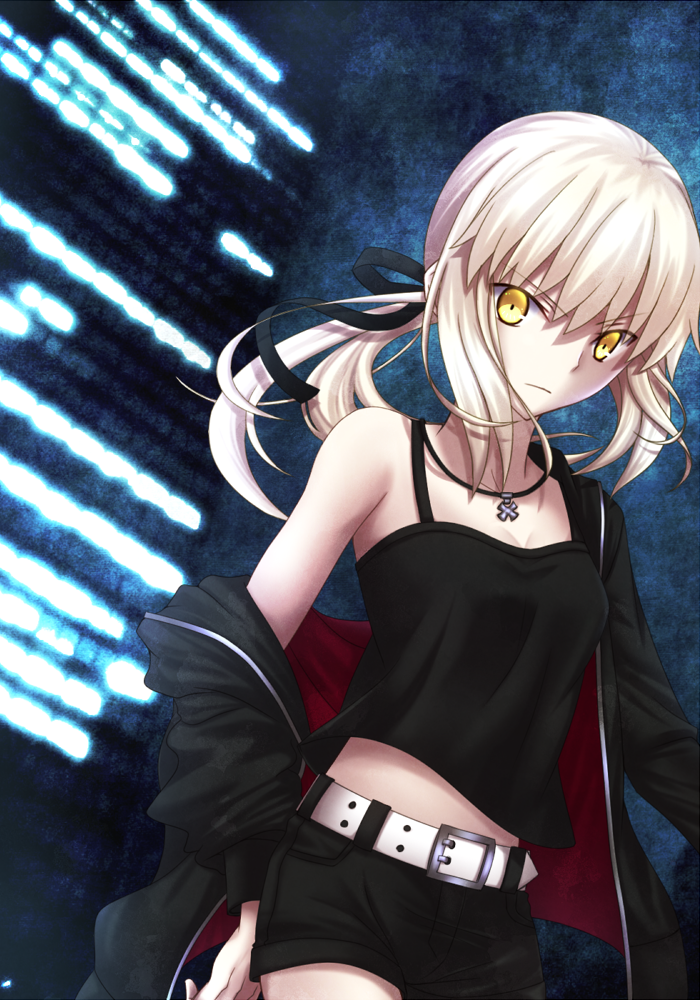 1girl, belt, black_jacket, black_ribbon, black_shirt, black_shorts, breasts, cleavage