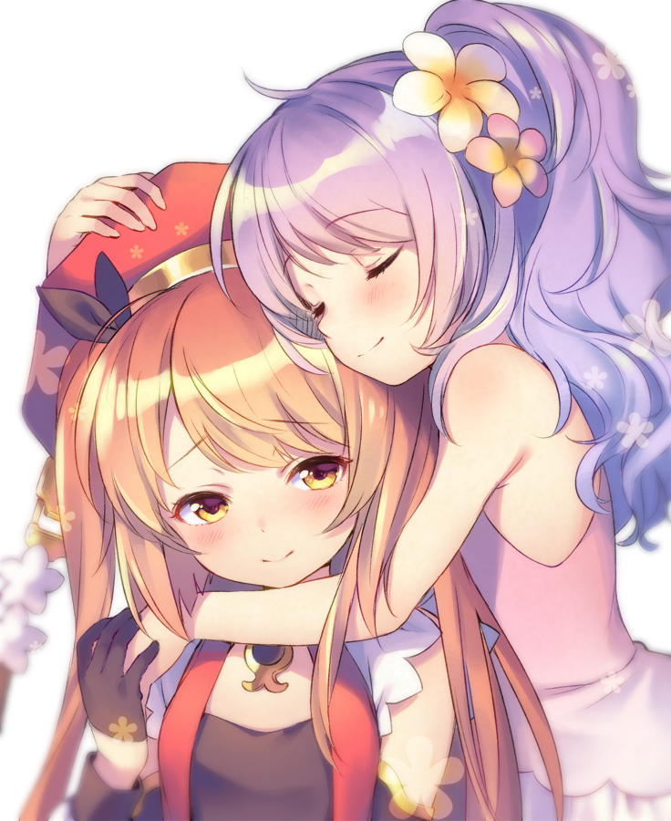 2girls, black_gloves, brown_hair, closed_eyes, dipladenia_(flower_knight_girl), flower, flower_knight_girl, gloves