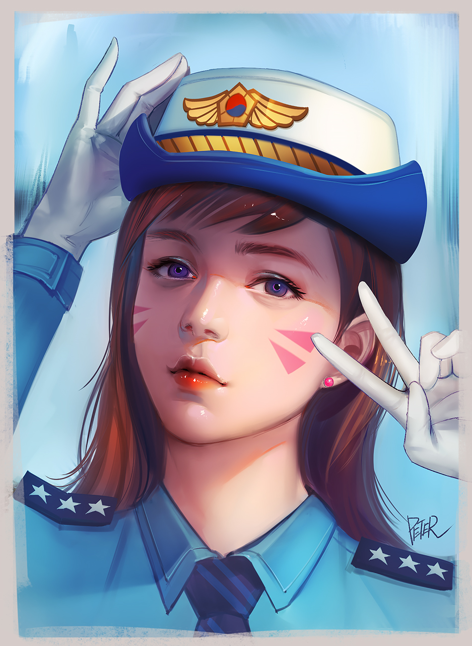 1girl, alternate_costume, artist_name, bangs, blue_background, blue_shirt, border, brown_hair