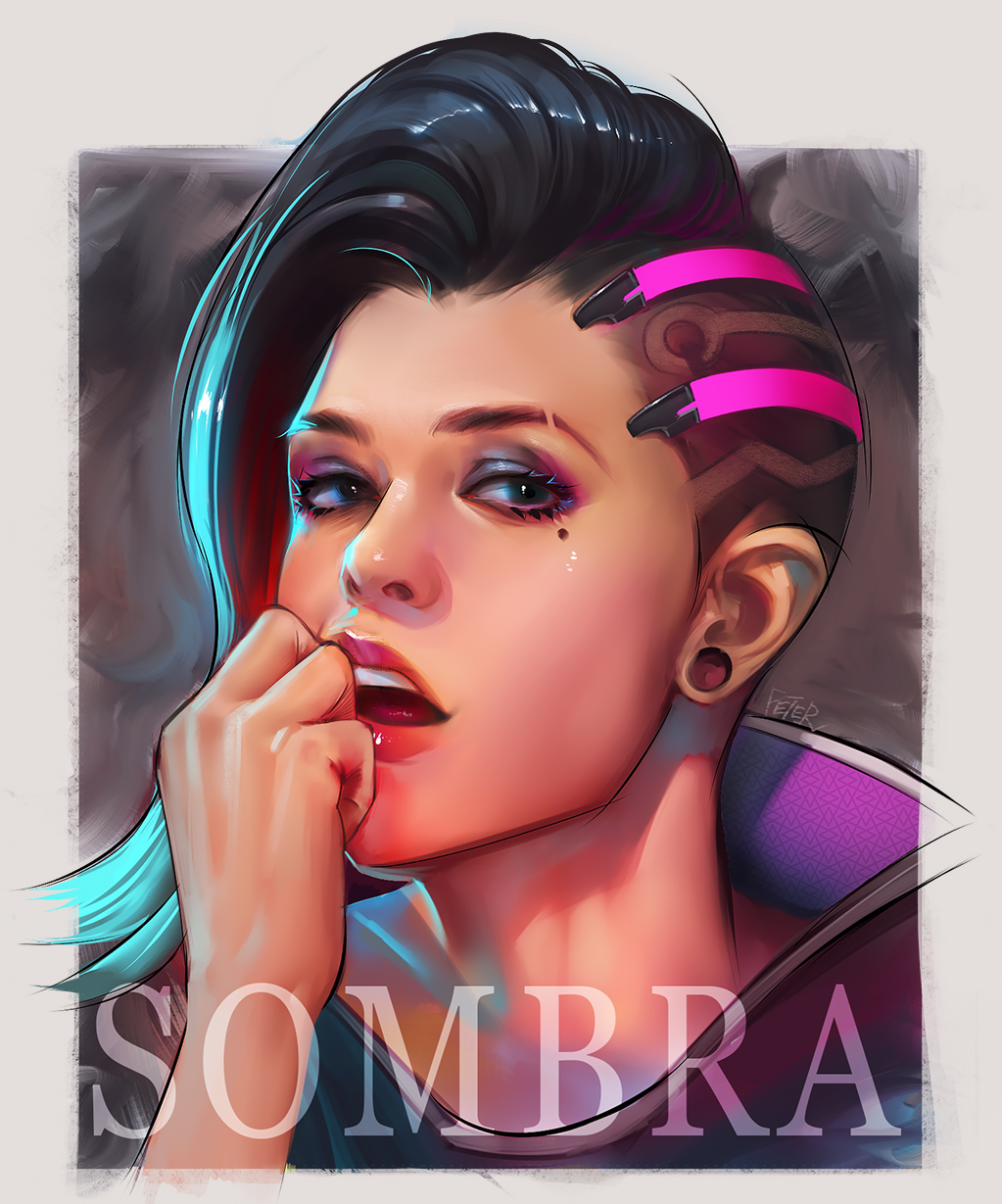 1girl, artist_name, asymmetrical_hair, black_eyes, chinese, commentary_request, eyeshadow, hand_on_own_face