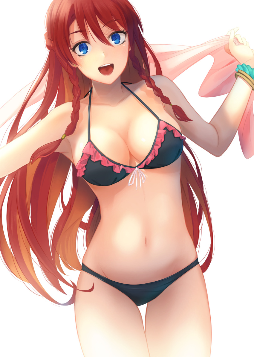 1girl, absurdres, akame_(akamiru), armpits, arms_up, bikini, black_bikini, black_bikini_bottom