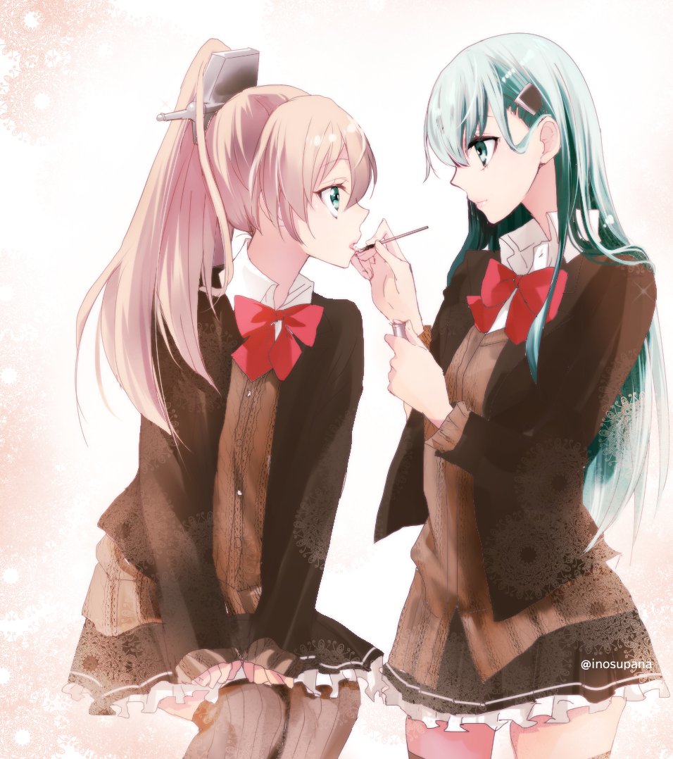 2girls, aqua_eyes, bow, bowtie, brown_hair, buttons, closed_mouth, collared_shirt